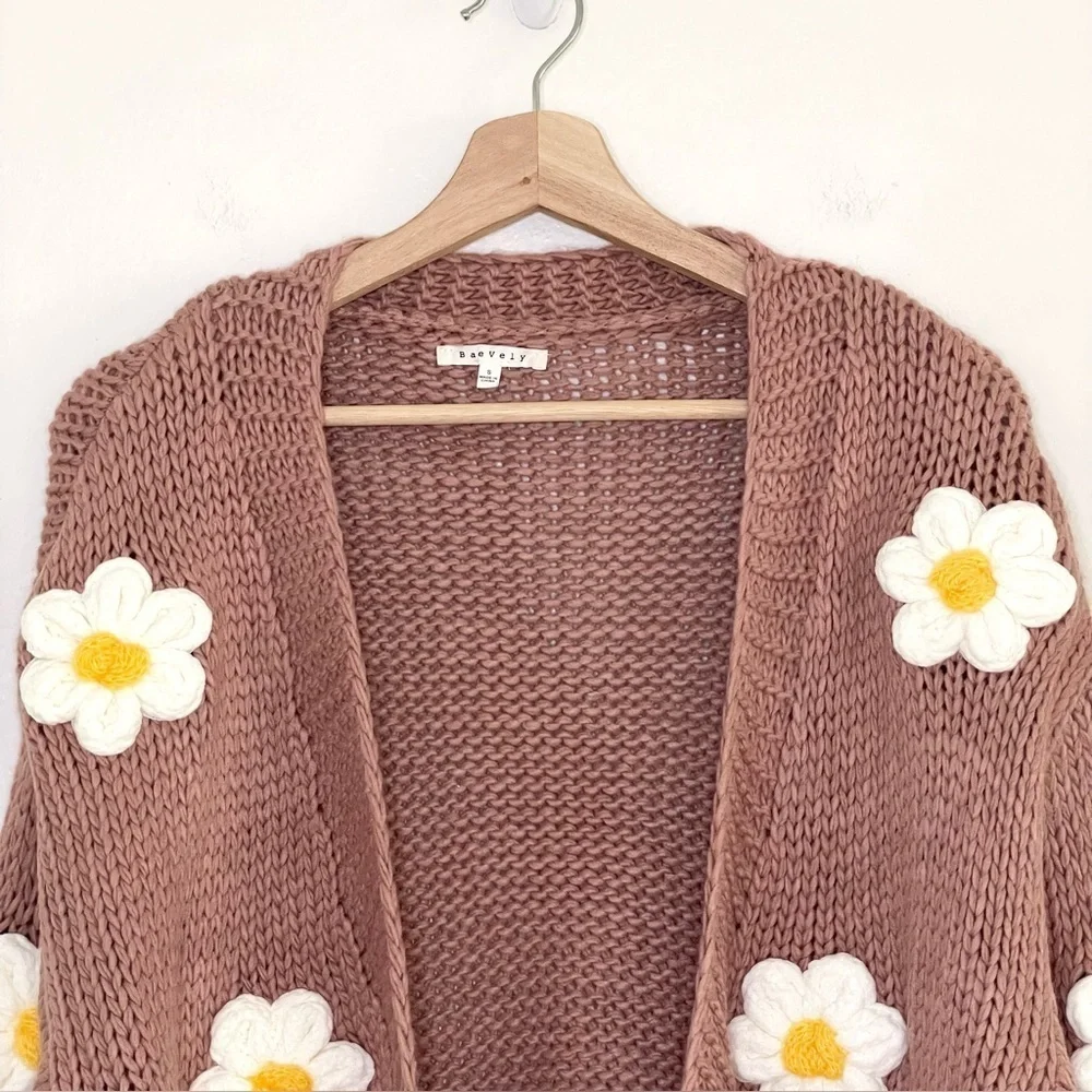Baevely Daisy Cardigan Open Front Bubble Sleeve Floral Sweater Dusty Mauve Small